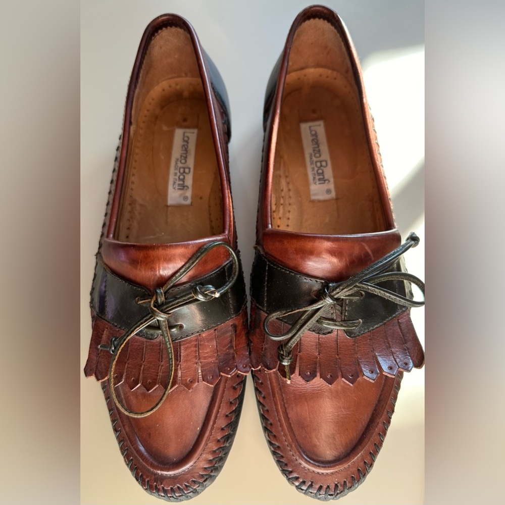 Lorenzo Banf Brown Black & Green Leather Loafers Hand made. Visible Stitching S8